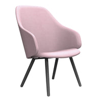 Soft pink upholstered chair with minimalistic design and black legs, perfect for modern decor.
