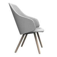 Light gray upholstered chair with a smooth, minimalist design and natural wooden legs, perfect for modern decor.