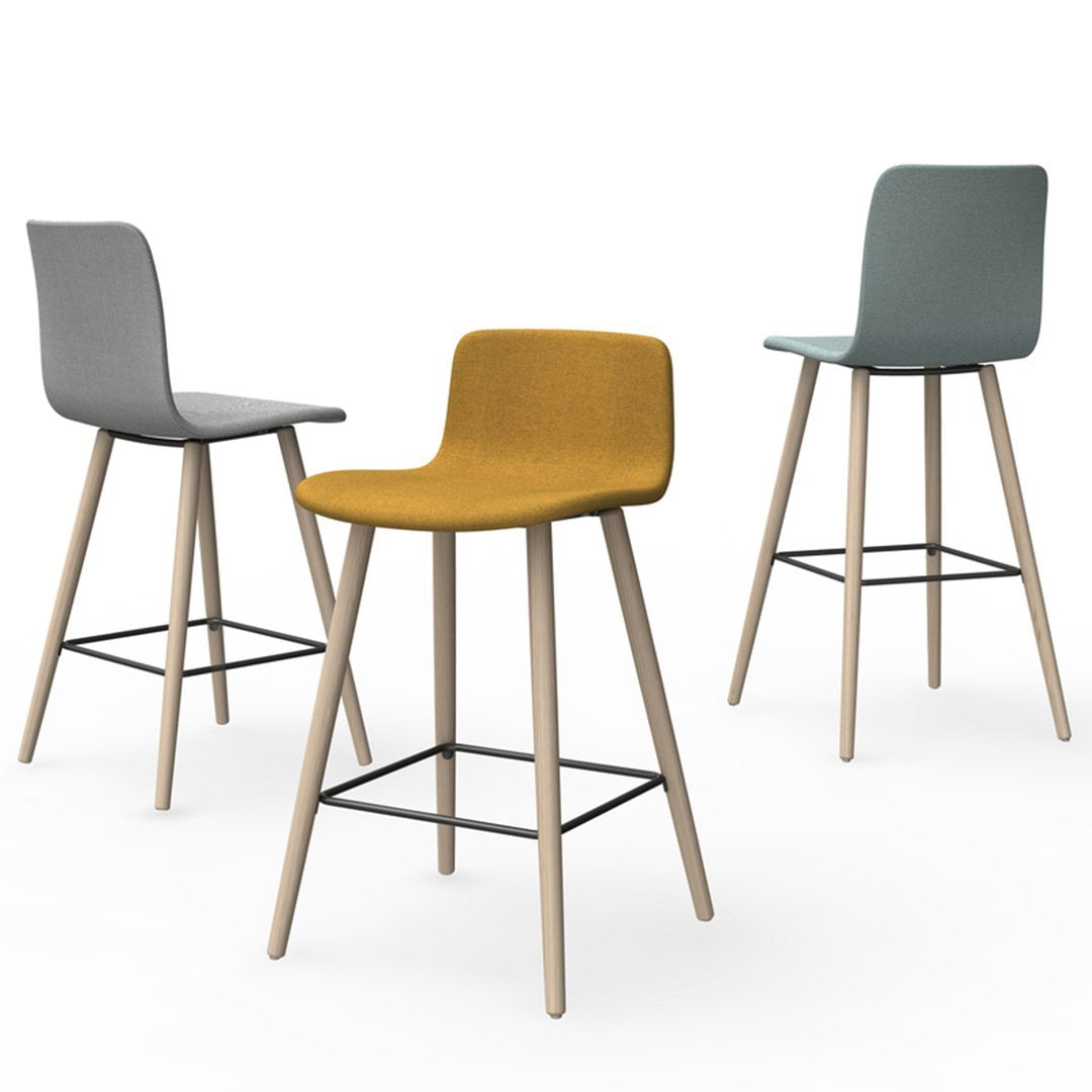 Stylish bar stools in grey, mustard yellow, and teal with sleek wooden legs and a minimalist design.