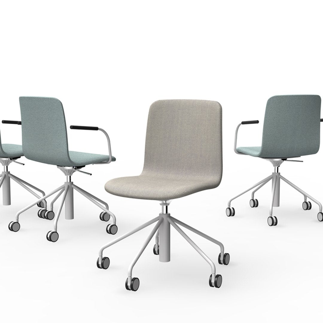"Light gray and soft teal swivel chairs with minimalistic design and smooth fabric patterns on chrome bases."