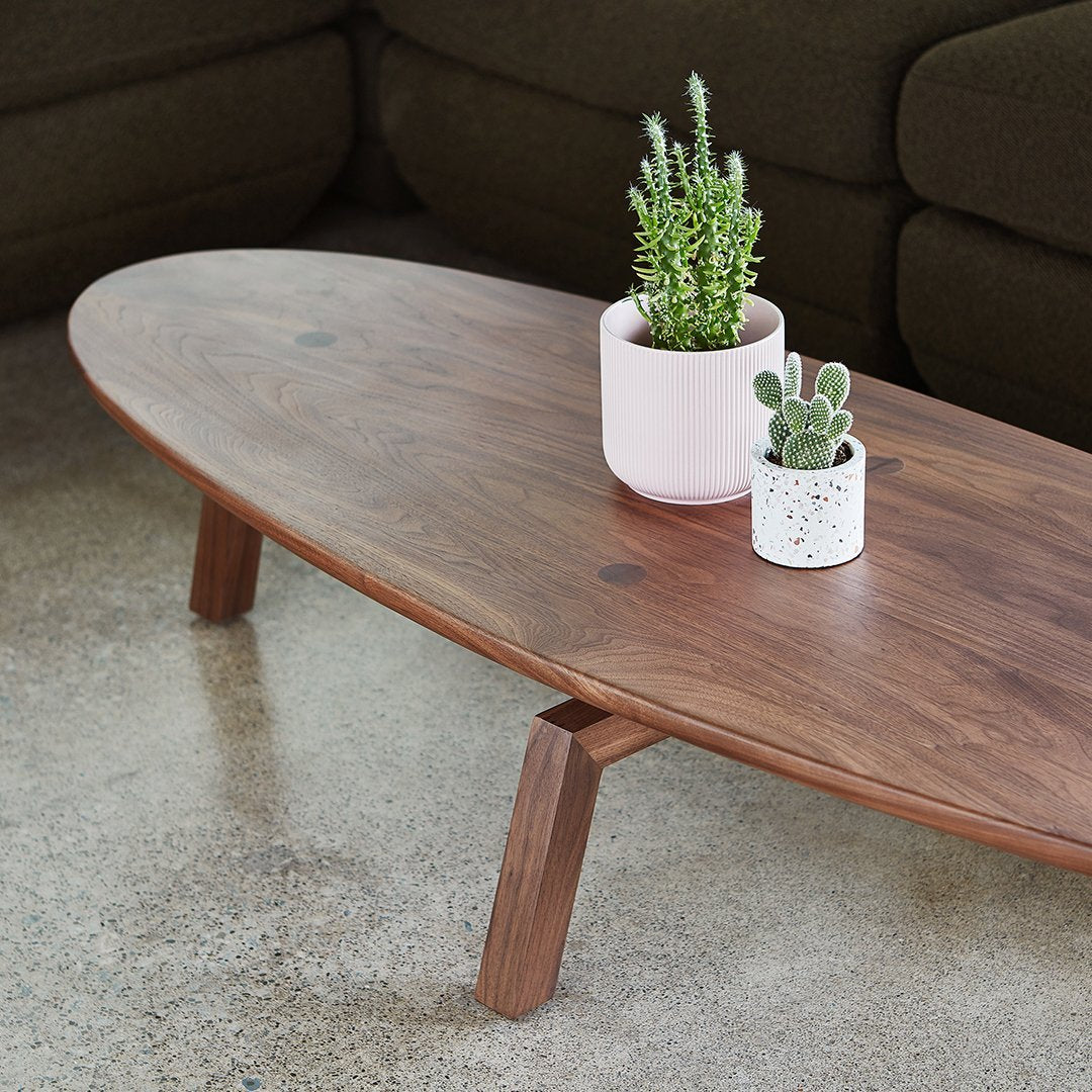 Wooden coffee table with a rich brown finish and natural grain, featuring minimalist white and speckled planters.