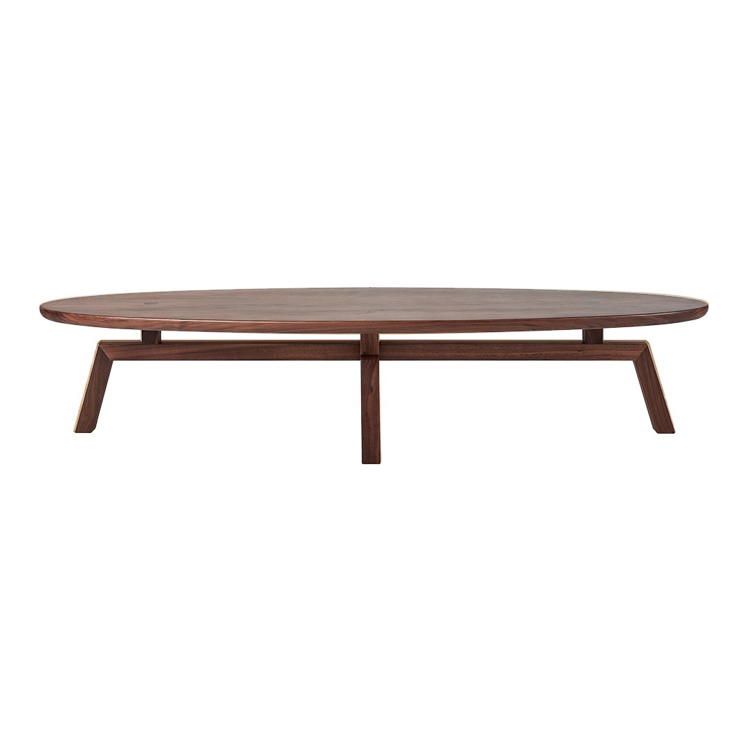 Brown oval coffee table with a smooth wooden surface and minimalist design, featuring sturdy angled legs.