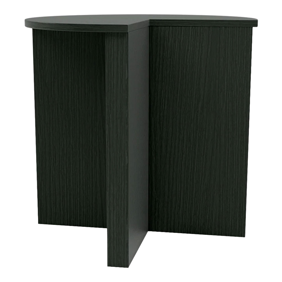 Black wood grain accent table with a sleek, modern design and minimalist curved edges.