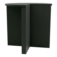 Black wood grain accent table with a sleek, modern design and minimalist curved edges.