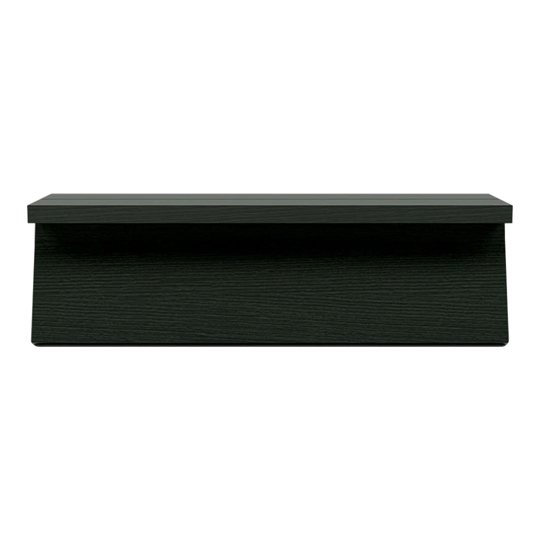 Black rectangular storage bench with a smooth, matte finish and subtle wood grain texture. Ideal for modern decor.