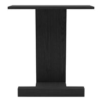 "Elegant black console table with a sleek, minimalistic design and smooth finish."