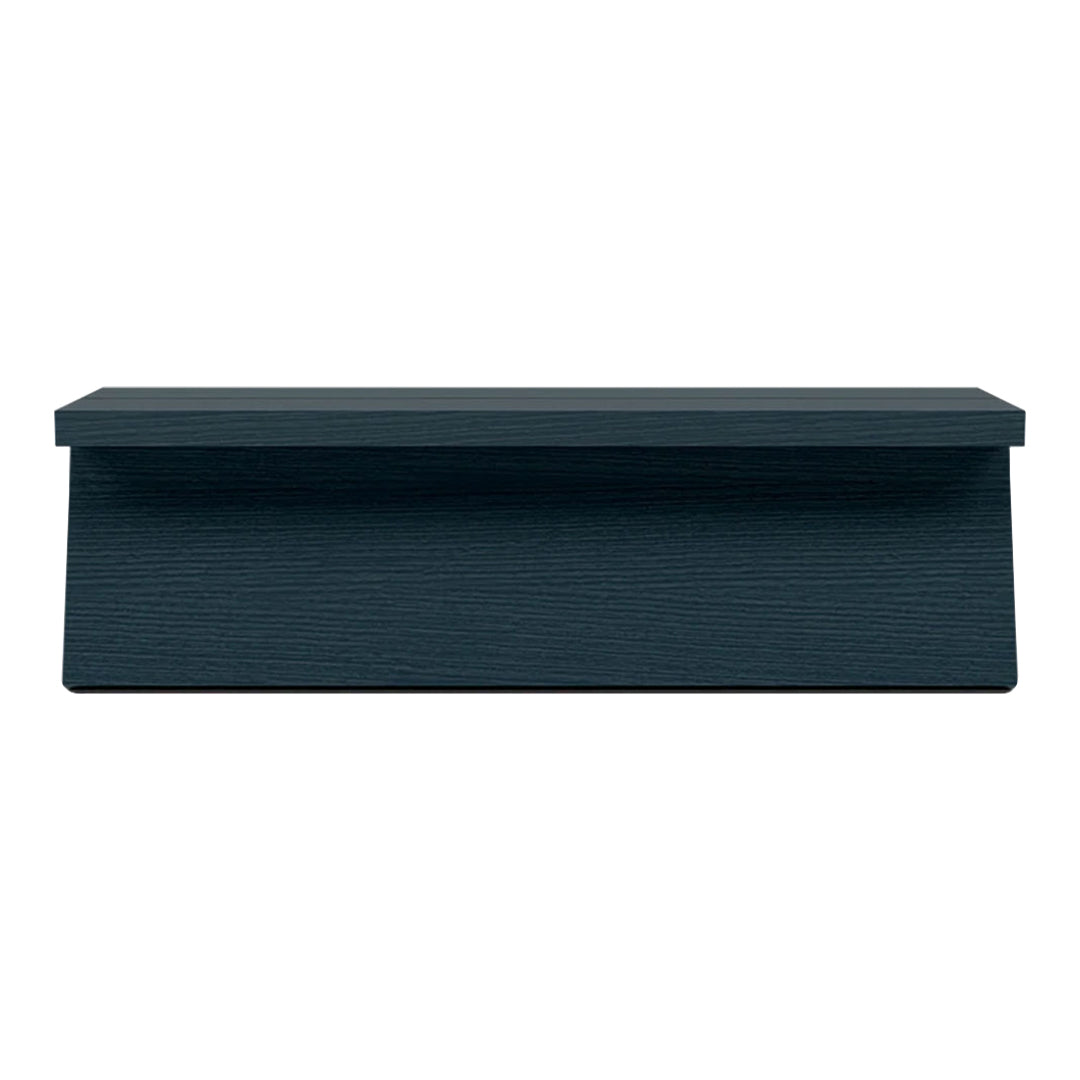 Dark blue wooden bench with a sleek, minimalistic design and subtle textured pattern.