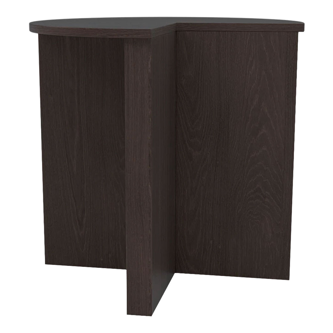 Dark wood corner table with a sleek, minimalist design and smooth grain pattern. Perfect for modern interiors.