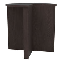 Dark wood corner table with a sleek, minimalist design and smooth grain pattern. Perfect for modern interiors.