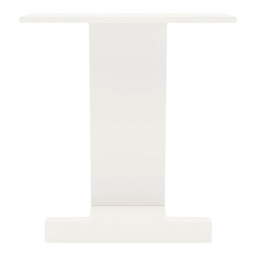 Sleek white accent table with a modern design, featuring smooth surfaces and clean lines for a minimalist look.