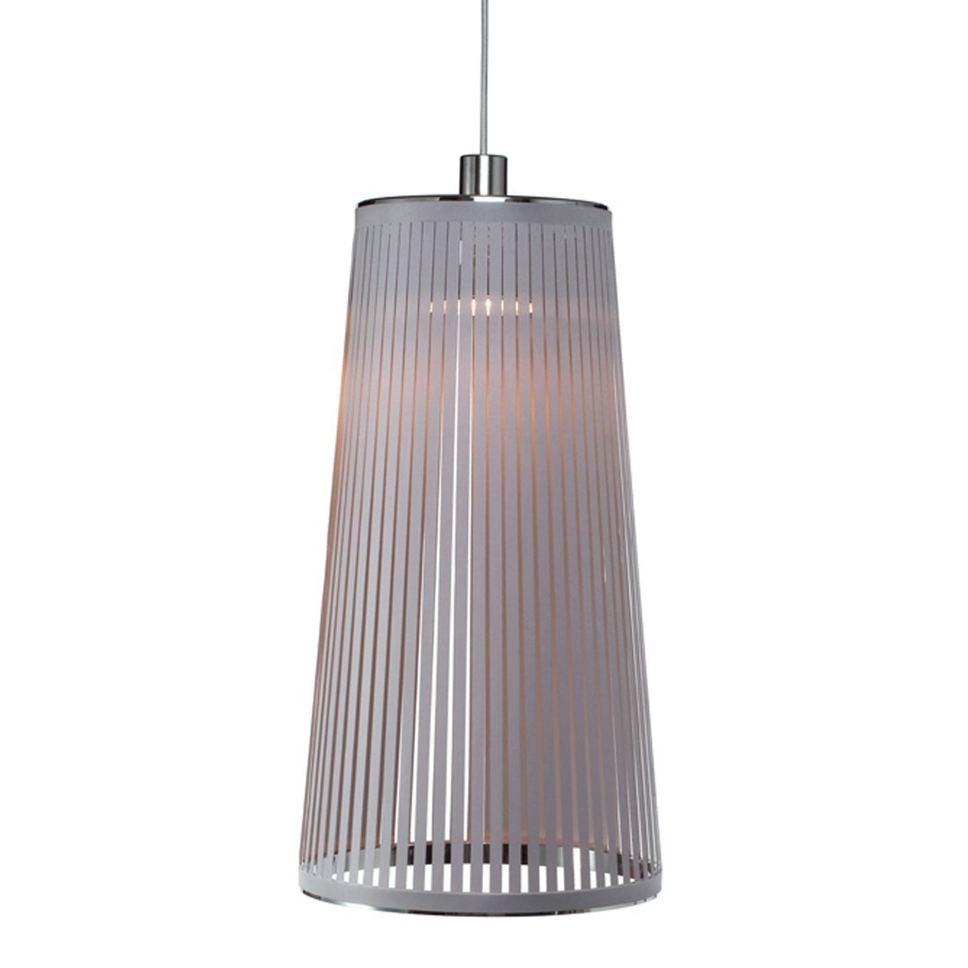 Gray striped pendant lamp with a sleek, modern design and a hint of warm light glow. Perfect for contemporary settings.