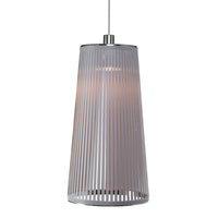 Gray striped pendant lamp with a sleek, modern design and a hint of warm light glow. Perfect for contemporary settings.