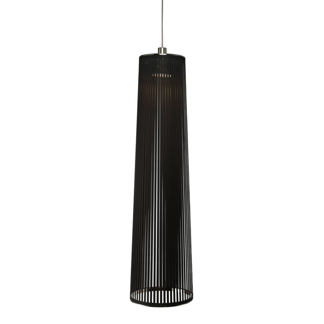 Sleek black pendant lamp with vertical slatted design, adding modern elegance to any space.