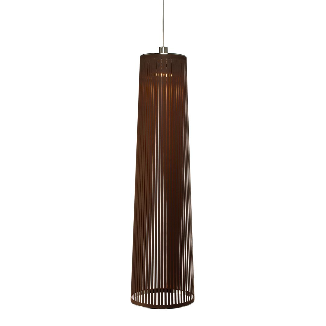 Tall, brown pendant lamp with vertical ribbed pattern, adding a modern touch to any space.