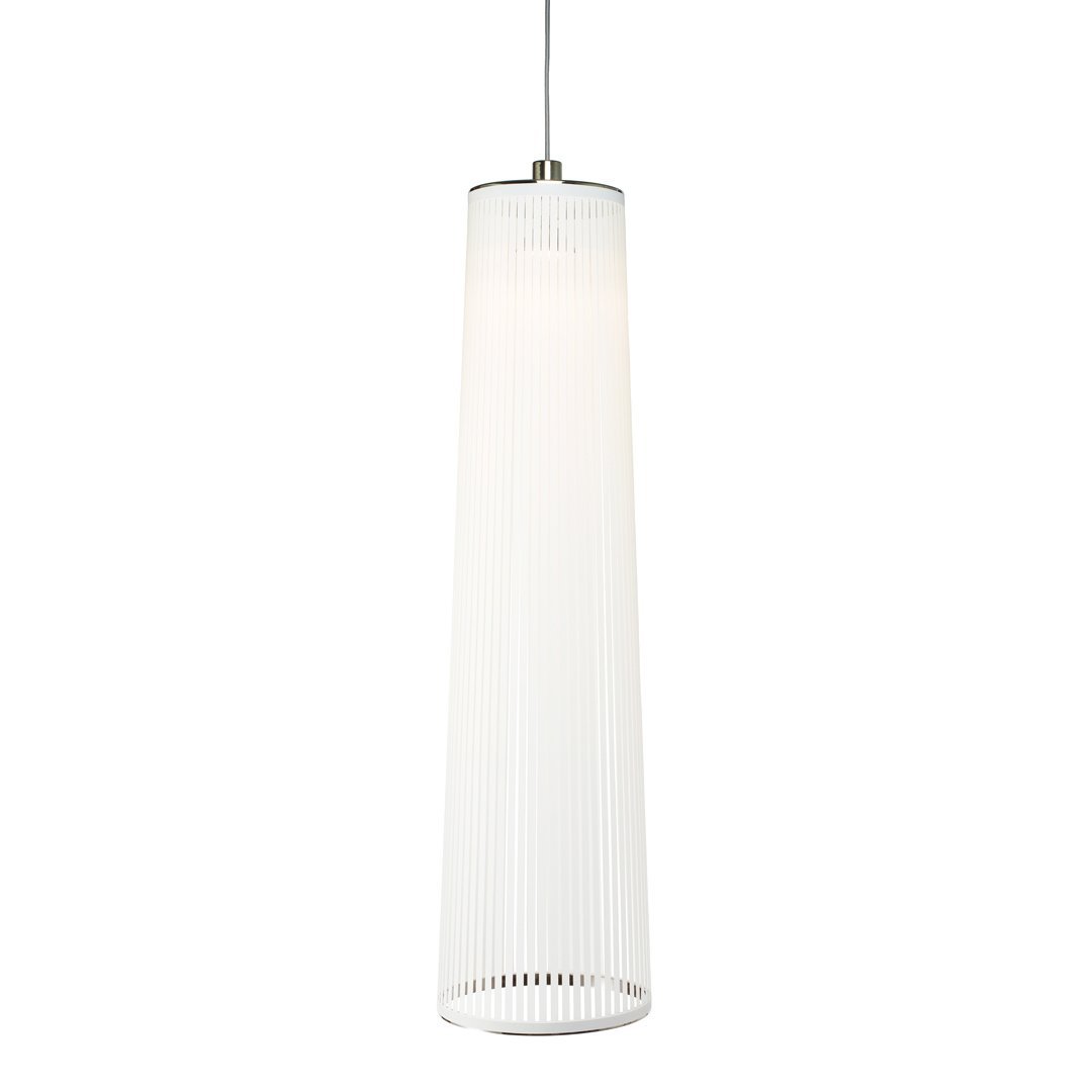 White pendant lamp with a sleek, elongated shape and vertical ribbed pattern. Modern and minimalist design.