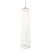 White pendant lamp with a sleek, elongated shape and vertical ribbed pattern. Modern and minimalist design.