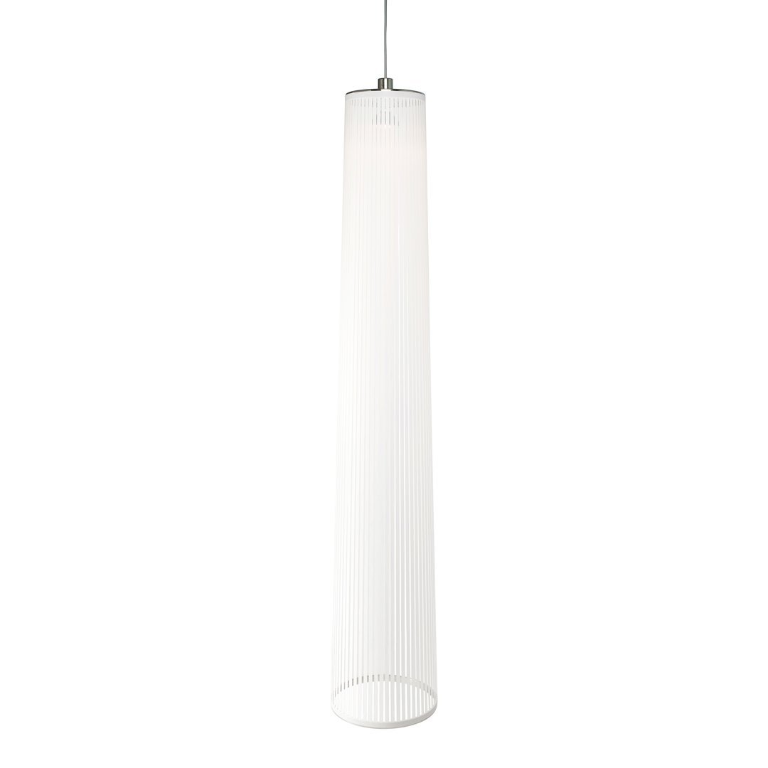 Sleek white pendant lamp with a ribbed texture for modern decor. Elegant and minimalist design.