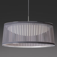 Gray and white pendant lamp with a sleek striped pattern, showcasing modern design elements.