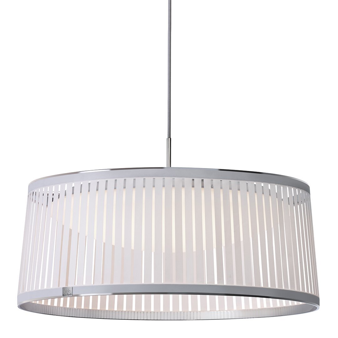 Sleek white pendant lamp with vertical striping pattern and polished chrome accents, perfect for modern interiors.