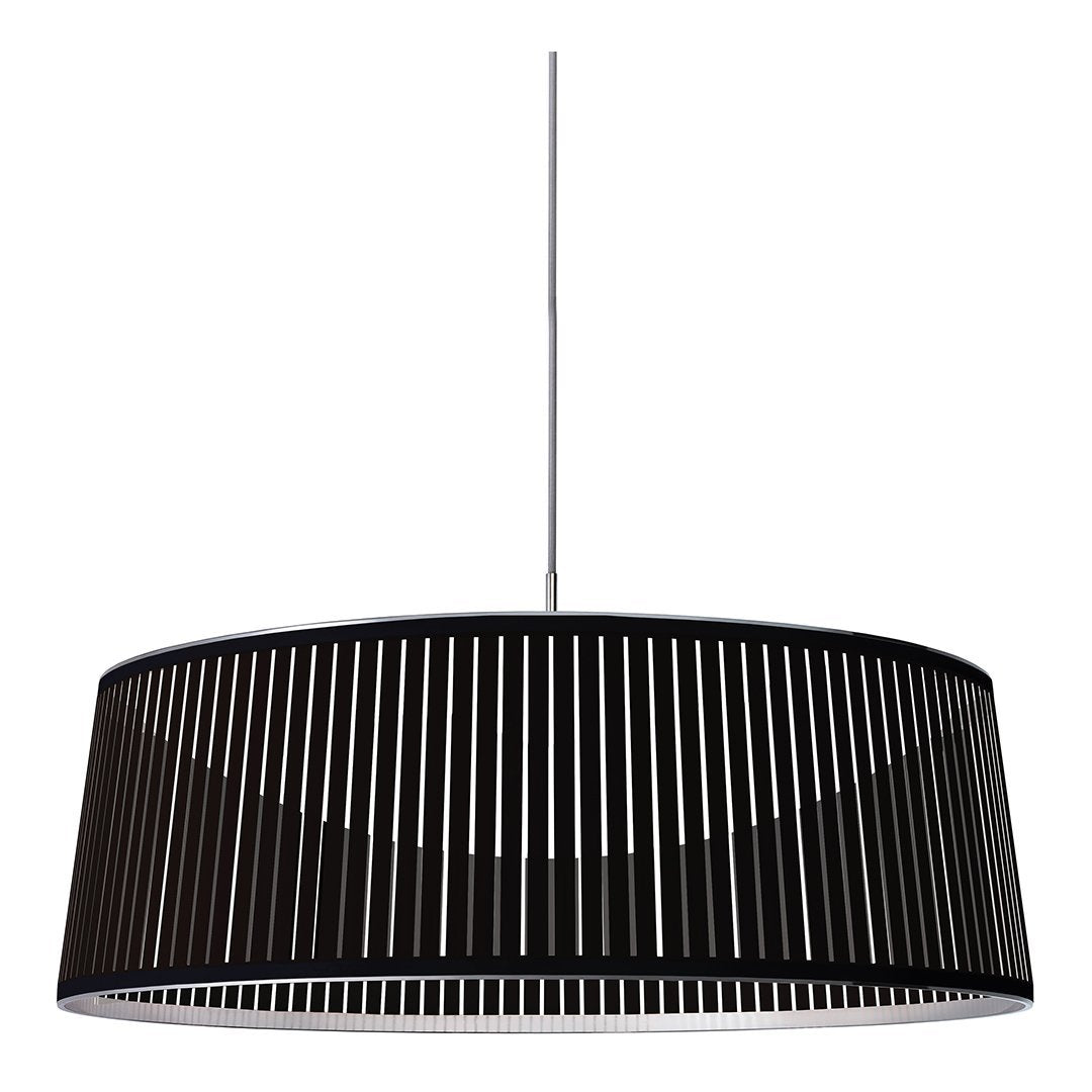 Black cylindrical pendant light with vertical slits, showcasing a modern, sleek design. Perfect for contemporary spaces.