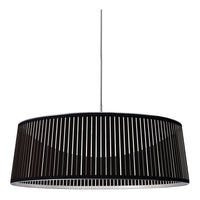 Black cylindrical pendant light with vertical slits, showcasing a modern, sleek design. Perfect for contemporary spaces.