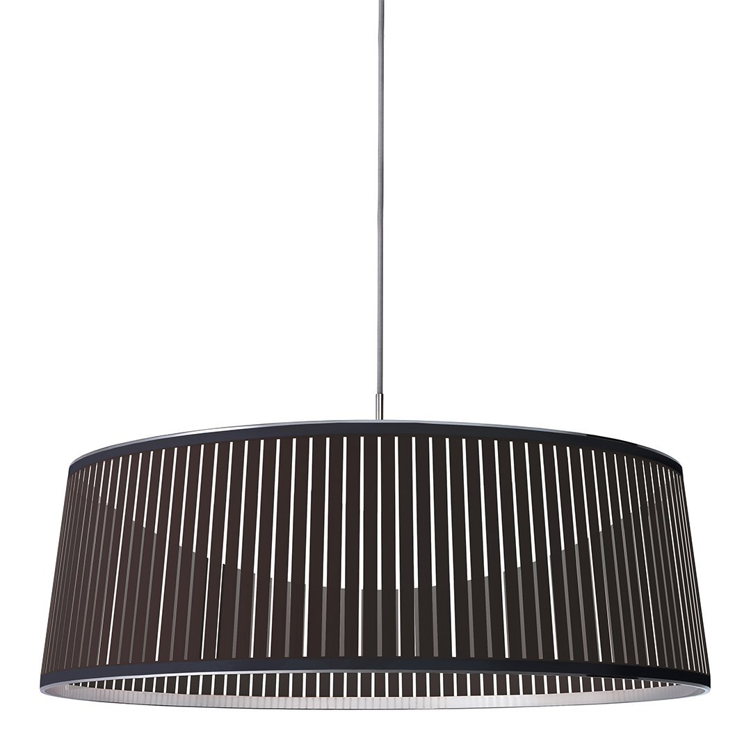 Modern black pendant lamp with a sleek striped pattern and a round shape, adding a stylish touch to any space.