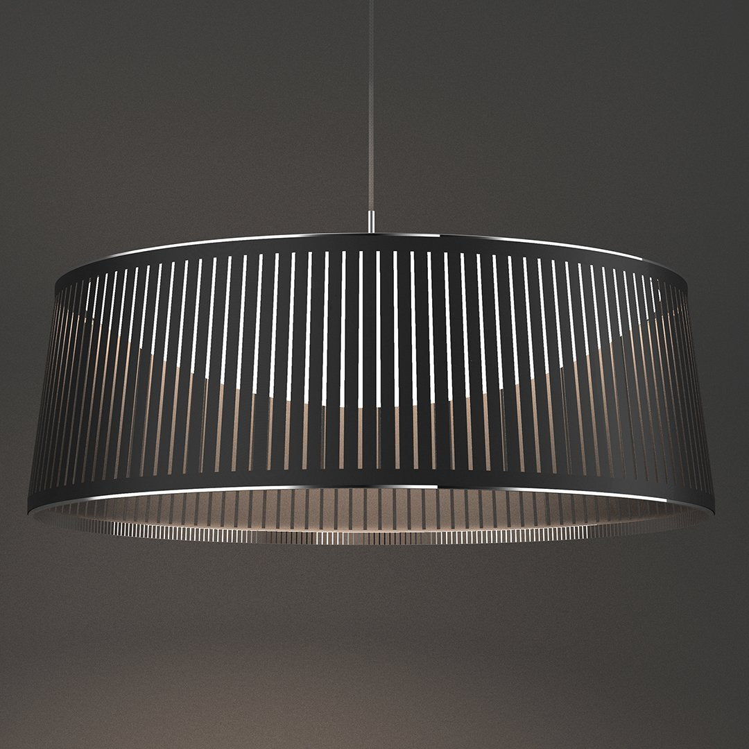 Black pendant lamp with horizontal slat pattern, sleek design emanating modern elegance. Ideal for contemporary decor.