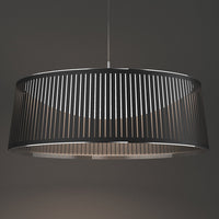 Black pendant lamp with horizontal slat pattern, sleek design emanating modern elegance. Ideal for contemporary decor.