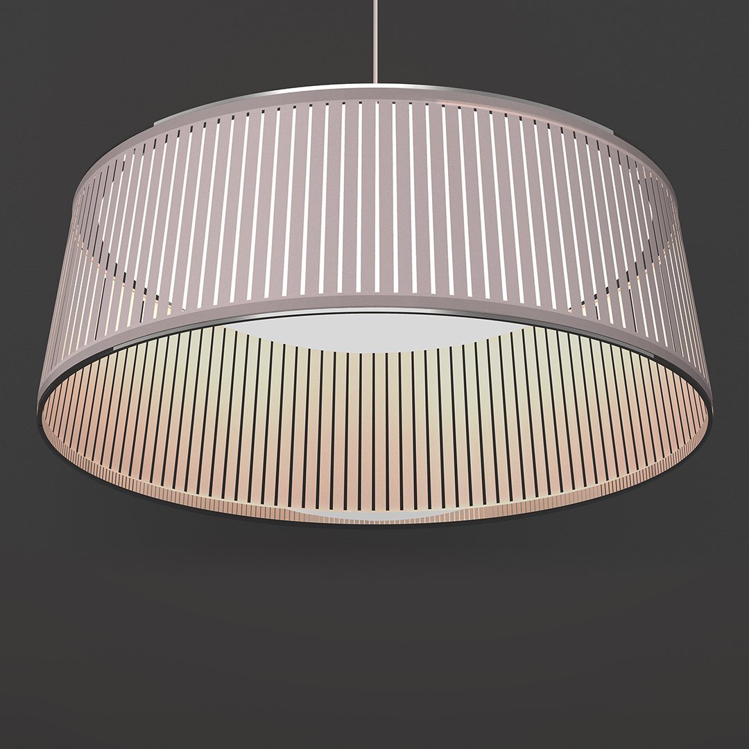 Modern pendant lamp with a sleek, white striped shade and soft, warm glow against a dark background.