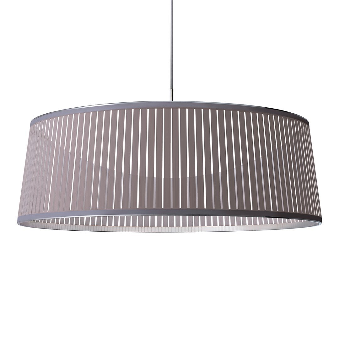 Gray striped pendant lamp with a modern, cylindrical design and open cut-out patterns for ambient lighting.