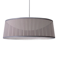 Gray striped pendant lamp with a modern, cylindrical design and open cut-out patterns for ambient lighting.