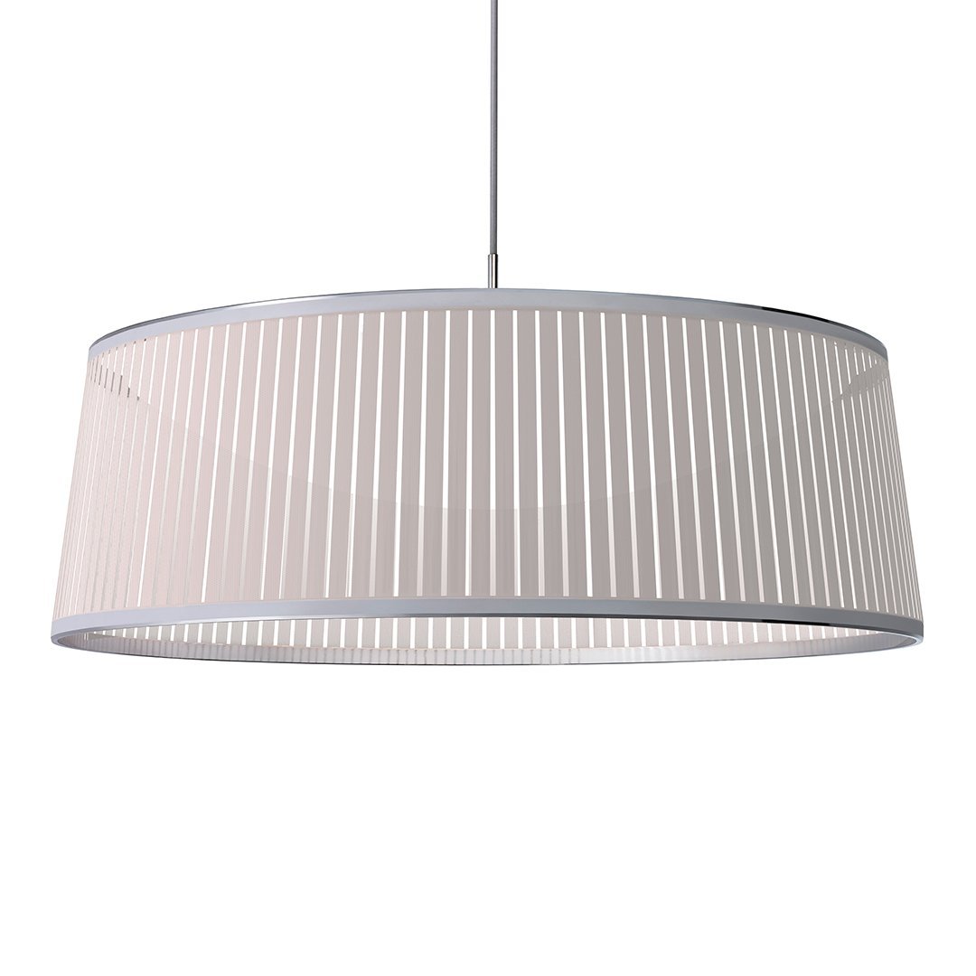White striped pendant lamp with a sleek silver frame, perfect for modern home decor.