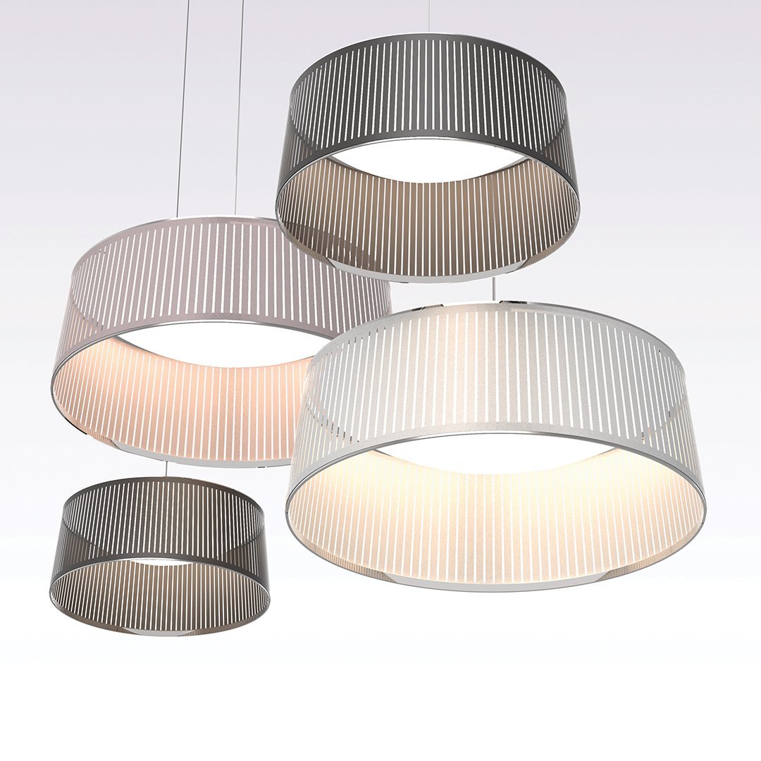 Set of four modern pendant lights featuring gray and white striped fabric shades. Elegant and stylish design.