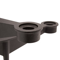 Black metal component with smooth surfaces and circular openings, featuring a matte finish for a sleek look.