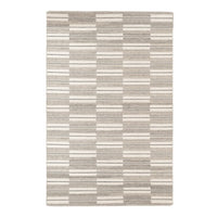Light gray rectangular rug featuring alternating textured stripes and blocks in various shades of beige.