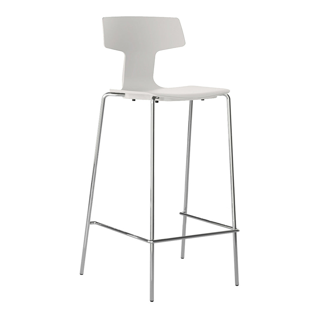 White bar stool with a minimalist design featuring a smooth finish and shiny chrome legs. Ideal for modern spaces.