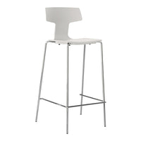 White bar stool with a minimalist design featuring a smooth finish and shiny chrome legs. Ideal for modern spaces.