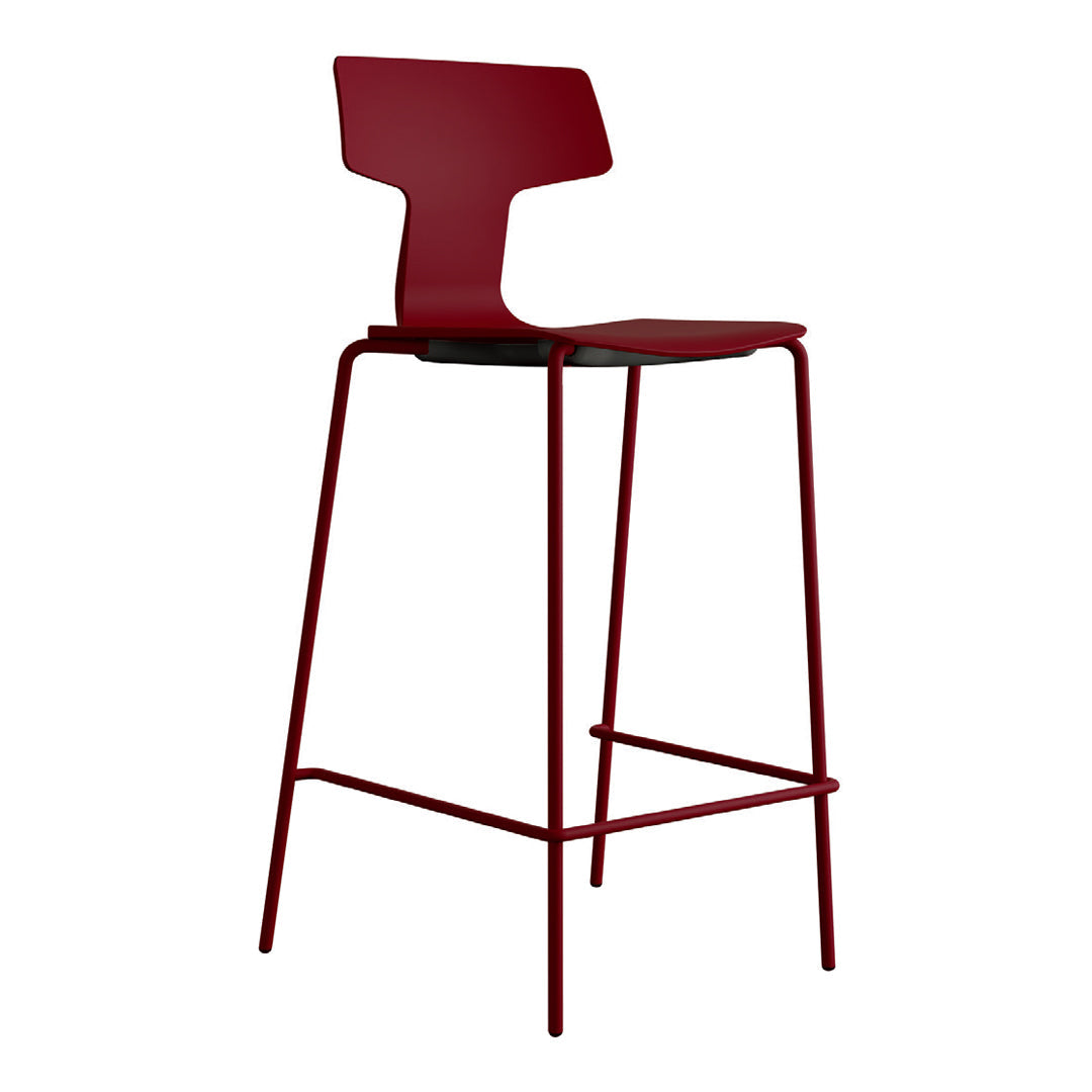 Red metal bar stool with a minimalist design and a sleek black seat. Perfect for modern interiors.