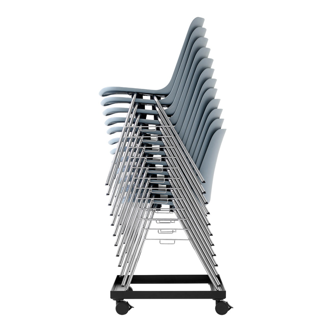 Stacked chairs with a soft blue finish and sleek silver metal frame, showcasing modern design and minimalistic style.