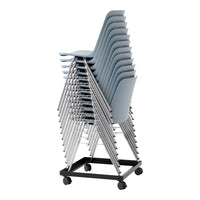 Stacked chairs in soft blue with smooth curves and silver metal framework on a black wheeled base.