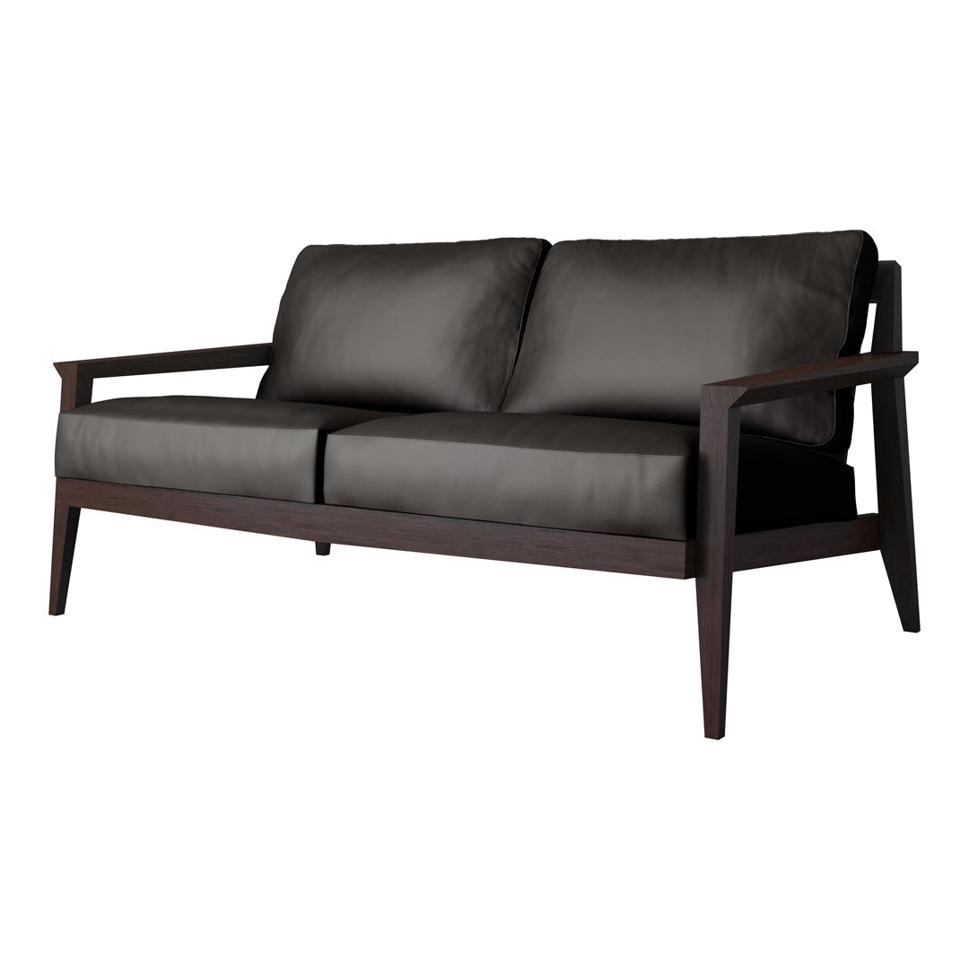 Stylish two-seater sofa in sleek dark gray upholstery with wooden legs and minimalist design. Perfect for modern decor.