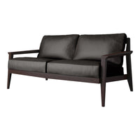 Stylish two-seater sofa in sleek dark gray upholstery with wooden legs and minimalist design. Perfect for modern decor.