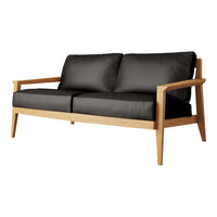 Black fabric sofa with clean lines and natural wood armrests, perfect for modern decor.