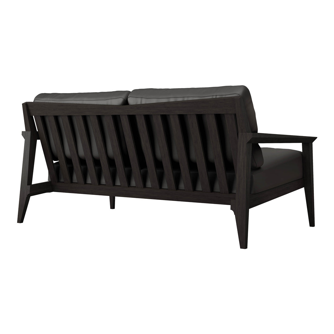 Black wooden sofa with sleek, modern lines, featuring gray cushions for a stylish and contemporary look.