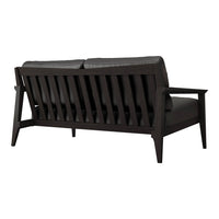 Black wooden sofa with sleek, modern lines, featuring gray cushions for a stylish and contemporary look.