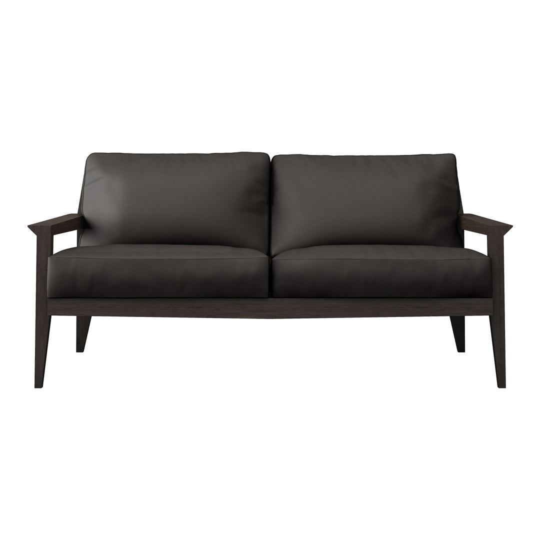 Modern two-seater sofa in deep charcoal gray with a sleek wooden frame and minimalist design.