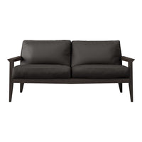 Modern two-seater sofa in deep charcoal gray with a sleek wooden frame and minimalist design.