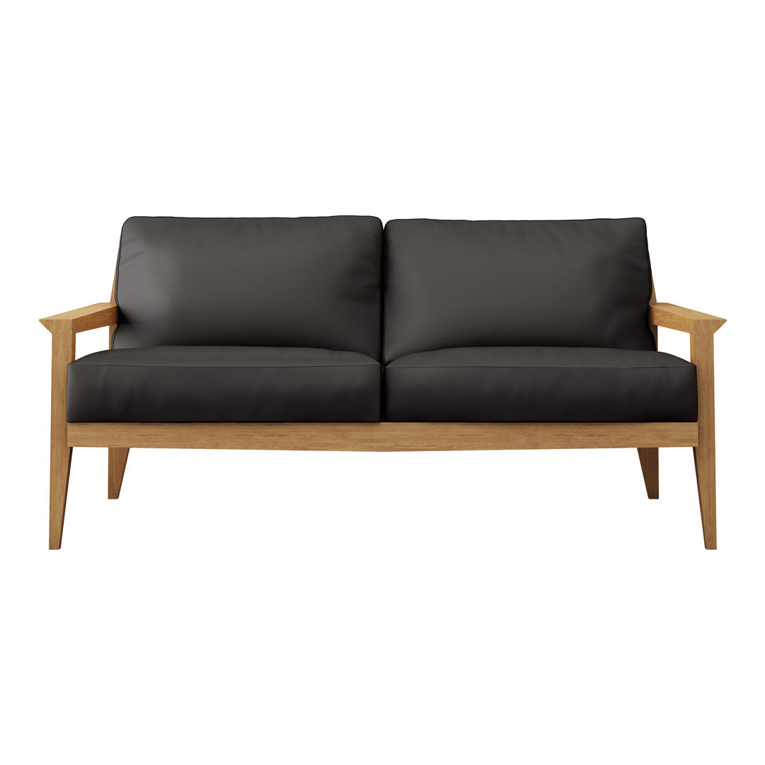 Modern two-seater sofa in sleek black upholstery with light wooden arms and legs, featuring a minimalist design.