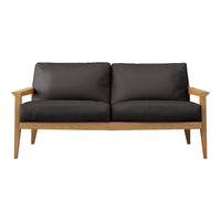 Modern two-seater sofa in sleek black upholstery with light wooden arms and legs, featuring a minimalist design.