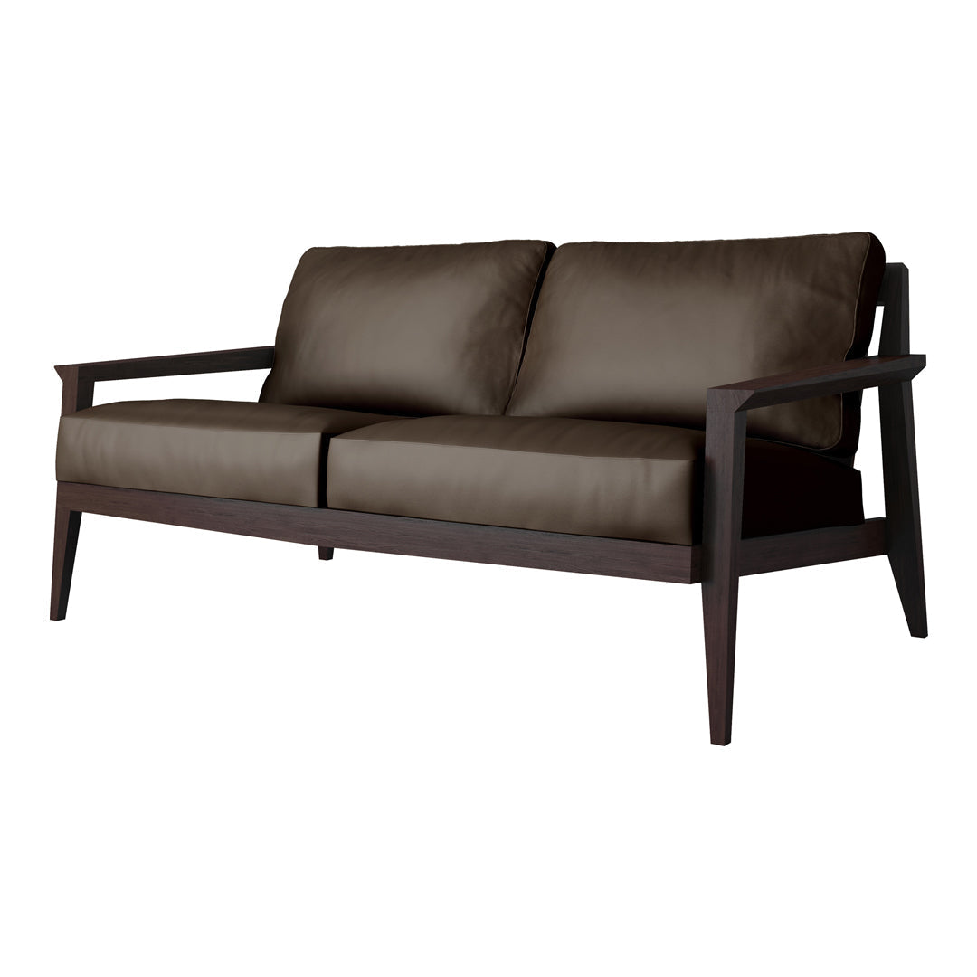 Dark brown fabric sofa with clean lines and modern wooden frame. Perfect for contemporary living spaces.